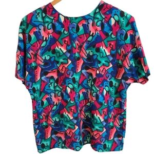 Vintage Women's Causal Corner Colorful Artsy Abstract Blouse